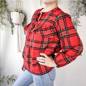J. Crew red plaid ruffle soft flannel long sleeve blouse holiday